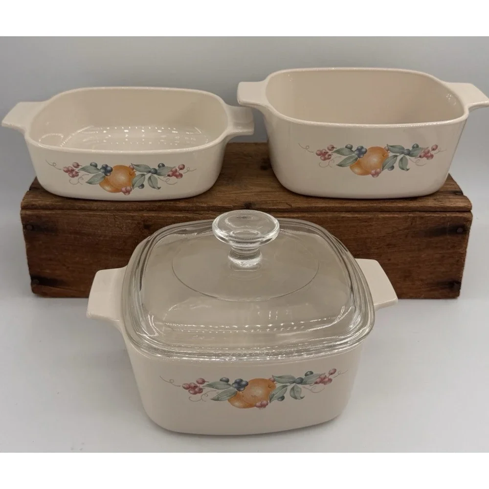 Corning Ware Beige Fruit Garland 4pc Set A-1-B + 2 A-1 1/2-B‎ + Pyrex Lid VTG